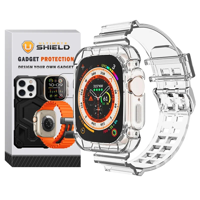 بند آلتیمیت شیلد مدل Transparent Shock مناسب برای اپل واچ 49 mm سری Ultra / Ultra 2 به همراه کاور
