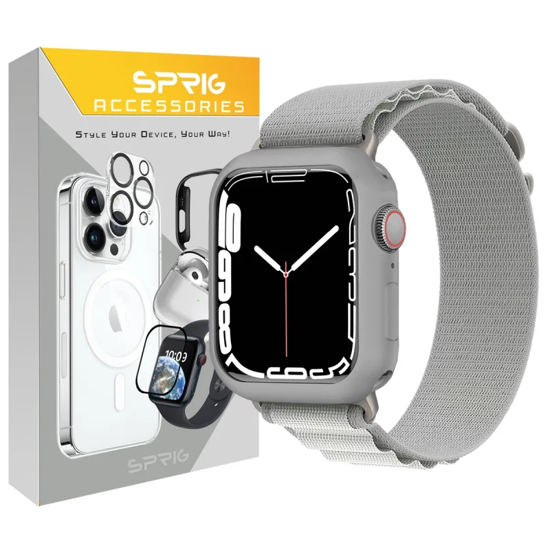 بند اسپریگ مدل AlpineSET-GRY مناسب برای اپل واچ Series 4 44mm / 5 44mm / 6 44mm / Se 44mm / 7 45mm / 8 45mm به همراه کاور