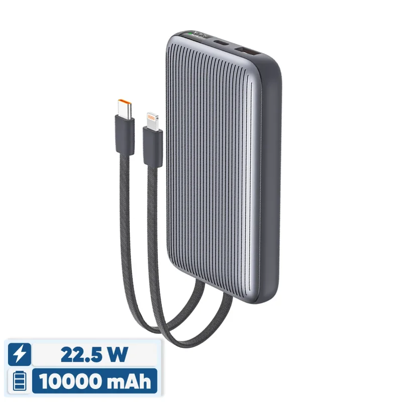 پاوربانک 22.5 وات انرجایزر مدل UE10091PQ ظرفیت 10000 میلی‌آمپرساعت به همراه دو کابل متصل USB-C و لایتنینگ