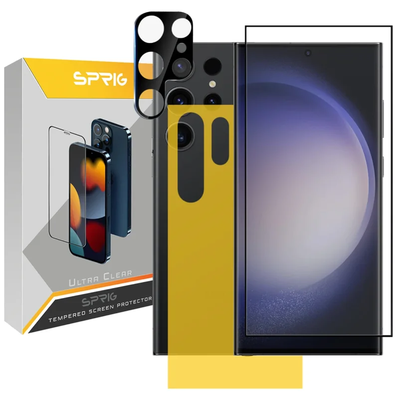 محافظ لنز دوربین اسپریگ مدل 3D-FU مناسب برای گوشی موبایل سامسونگ Galaxy S23 Ultra به همراه محافظ صفحه نمایش و محافظ پشت گوشی