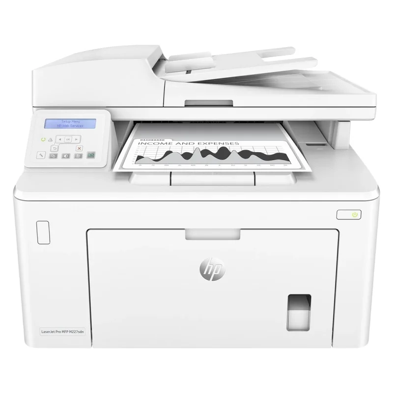پرینتر اچ پی تک رنگ سه کاره با چاپ لیزری مدل LaserJet Pro MFP M227sdn، سایز چاپ A4، مجهز به تغذیه خودکار ADF، دارای اتصال شبکه، قابلیت چاپ دو رو