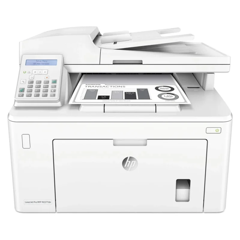 پرینتر اچ پی تک رنگ چهار کاره‌ با چاپ لیزری مدل LaserJet Pro MFP M227fdn، سایز چاپ A4، مجهز به تغذیه خودکار ADF، قابلیت‌ اتصال به WiFi