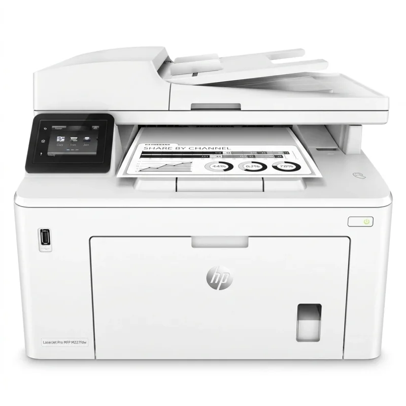 پرینتر اچ پی تک رنگ چهار کاره‌ با چاپ لیزری مدل LaserJet Pro MFP M227fdw، سایز چاپ A4، امکان چاپ دو رو، قابلیت‌ اتصال به WiFi