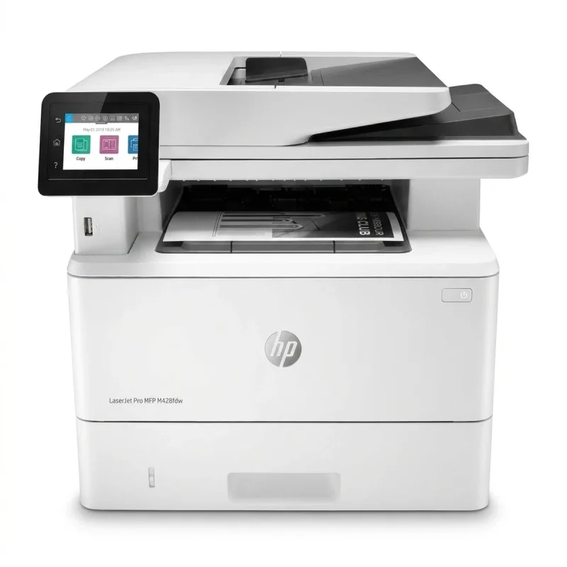 پرینتر اچ پی تک رنگ چهار کاره با چاپ لیزری مدل LaserJet Pro MFP M428fdw، سایز چاپ A4، قابلیت چاپ دو رو، مجهز به پورت شبکه و WiFi، قابلیت چاپ فایل‌های فلش مموری از طریق USB، دارای صفحه نمایش LCD