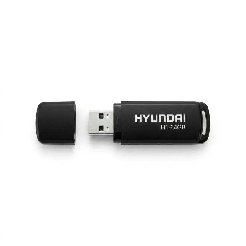 فلش مموری هیوندای مدل H1 ظرفیت 64GB با رابط USB 3.2، سرعت خواندن 100MB/s، سرعت نوشتن 30MB/s، مقاوم در برابر گرد و غبار و ضد لک، مجهز به درپوش محافظ و شیار اتصال بند
