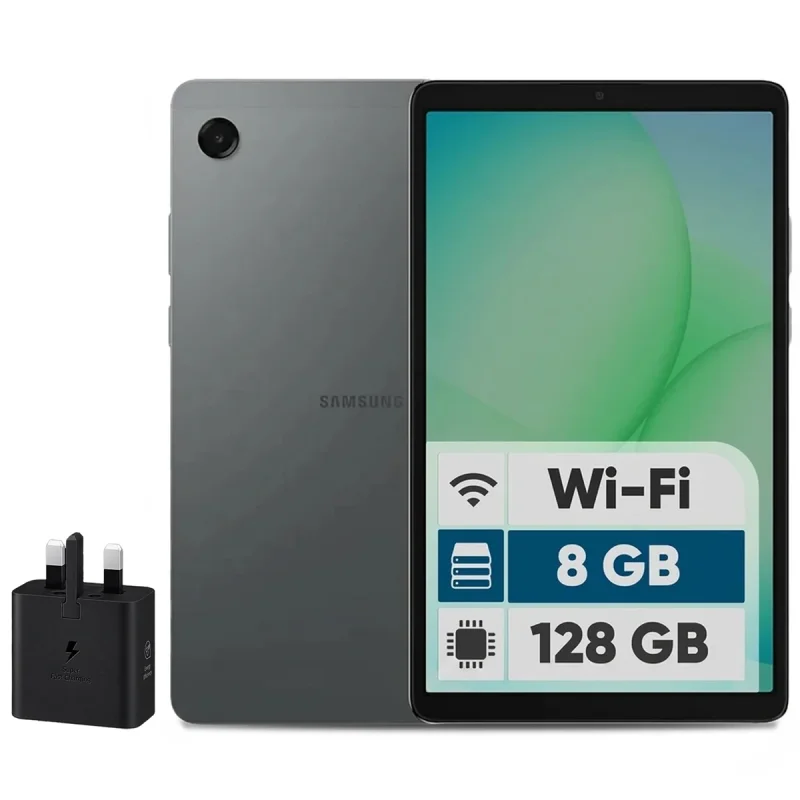 تبلت 8.7 اینچ سامسونگ مدل Galaxy Tab A11 Wi-Fi، ظرفیت 128 گیگابایت و رم 8 گیگابایت، رزولوشن دوربین 8 مگاپیکسل به همراه شارژر دیواری 25 وات سامسونگ مدل T2510