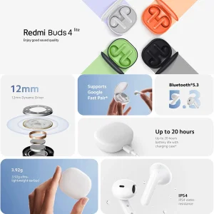 هدفون بلوتوثی شیائومی مدل Redmi Buds 4 Lite بدون قابلیت نویز کنسلینگ، درگاه شارژ USB Type-C، دارای کنترل لمسی و مقاوم در برابر رطوبت و عرق
