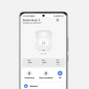 هدفون بلوتوثی شیائومی مدل Redmi Buds 5 با نویز کنسلینگ فعال (ANC)، درگاه شارژ USB Type-C، دارای نشانگر روی محفظه شارژ