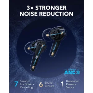 هدفون بلوتوثی انکر مدل Liberty 4 Pro دارای نویز کنسلینگ فعال (ANC)، درگاه شارژ USB Type-C، با قابلیت اتصال به چند دستگاه، پشتیبانی از فرمان لمسی، نمایشگر روی صفحه محفظه شارژ، نشانگر LED، مقاومت در برابر رطوبت و عرق