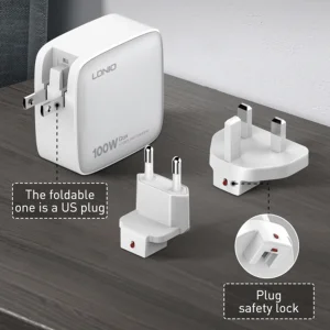 شارژر دیواری ۱۰۰ وات ۴ پورت الدینیو مدل Q408 به همراه کابل USB-C