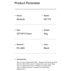 کابل تبدیل USB-C/USB به لایتنینگ/USB-C/MicroUSB مک‌دودو مدل WF-1720 طول 0.3 متر