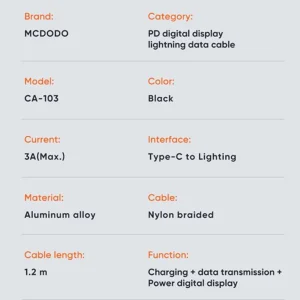 کابل تبدیل USB-C به لایتنینگ مک دودو مدل CA-103 36W طول 1.2 متر