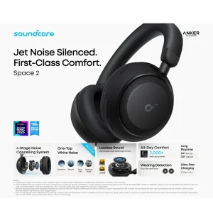 هدفون بلوتوثی انکر مدل Soundcore Space 2 با نویز کنسلینگ فعال ANC، صدای Hi-Res و شارژدهی تا 70 ساعت