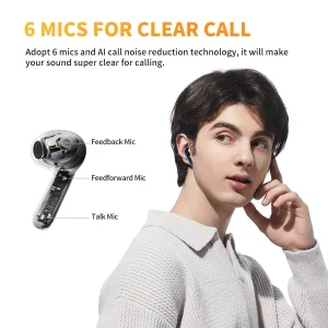 هدفون بلوتوثی کیو سی وای مدل +AilyBuds Pro با نویز کنسلینگ میکروفون (ENC)، درگاه شارژ USB Type-C، دارای نشانگر روی محفظه شارژ، مقاوم در برابر رطوبت و عرق