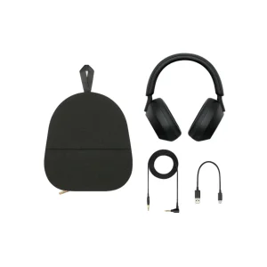 هدفون بی‌سیم سونی مدل WH-1000XM5 با نویز کنسلینگ فعال (ANC)، درگاه شارژ USB Type-C، دارای 4 میکروفون با فناوری Beamforming، پشتیبانی از دستیار صوتی، قابلیت اتصال همزمان به دو دستگاه