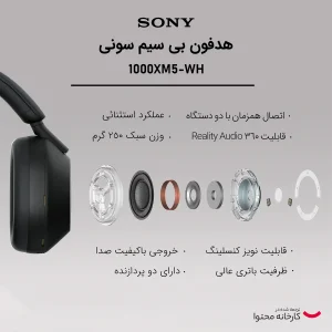 هدفون بی‌سیم سونی مدل WH-1000XM5 با نویز کنسلینگ فعال (ANC)، درگاه شارژ USB Type-C، دارای 4 میکروفون با فناوری Beamforming، پشتیبانی از دستیار صوتی، قابلیت اتصال همزمان به دو دستگاه