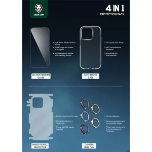 محافظ صفحه نمایش گرین مدل protection pack hd مناسب برای گوشی موبایل اپل iphone 14 pro max به همراه محافظ پشت گوشی و محافظ لنز و کاور