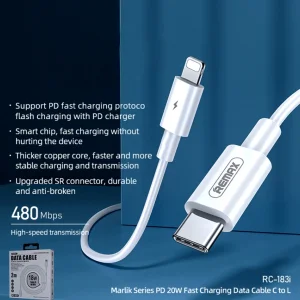 کابل تبدیل USB-C به لایتنینگ ریمکس مدل RC-183i طول 2 متر