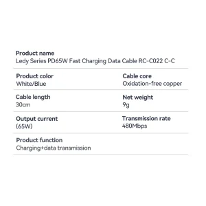 کابل USB-C ریمکس مدل 65W RC_C022 طول 0.3 متر