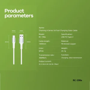 کابل تبدیل USB به USB-C ریمکس مدل RC-198a 5A طول 1 متر