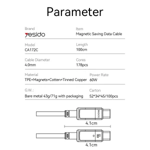 کابل USB-C یسیدو مدل MAGNETIC CA172C  طول 1 متر