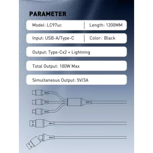 کابل تبدیل USB / USB-C به USB-C / لایتنینگ الدینیو مدل 3IN1 LC97uc طول 1.2 متر