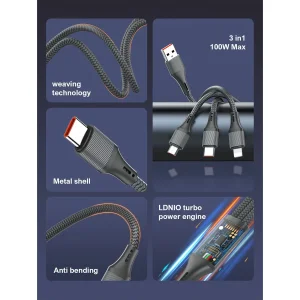 کابل تبدیل USB به USB-C / microUSB / لایتنینگ الدینیو مدل 3IN1 LC97u طول 1.2 متر
