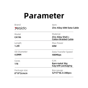 کابل USB-C یسیدو مدل CA196 60W طول 1.2 متر