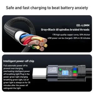 کابل USB-C یسیدو مدل AUTO POWER OFF CA160 60W طول 1.2 متر