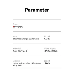 کابل USB-C یسیدو مدل CA185 240W طول 1.2 متر