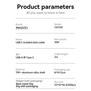 کابل تبدیل USB به USB-C یسیدو مدل CA133 طول 2 متر