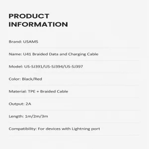 کابل تبدیل USB به لایتنینگ یوسمز مدل US-SJ394 U41 طول 2 متر