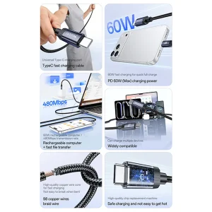 کابل USB-C یسیدو مدل DUAL -C CA204 60W طول 1 متر