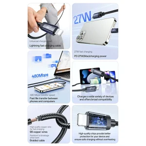 کابل تبدیل USB-C به لایتنینگ یسیدو مدل CA204 27W طول 1 متر