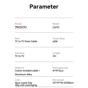 کابل USB-C یسیدو مدل DUAL TYPE-C CA192 60W طول 2 متر