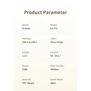 کابل تبدیل USB به USB-C مک دودو مدل CA-475 طول 1.2 متر