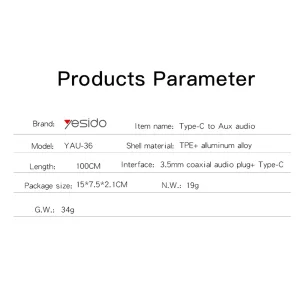 کابل تبدیل USB-C به AUX یسیدو مدل YAU-36 طول 1 متر