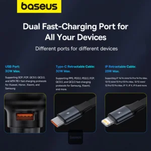 شارژر فندکی 60 وات بیسوس مدل CCTXP-UCL به همراه کابل لایتنینگ و USB-C