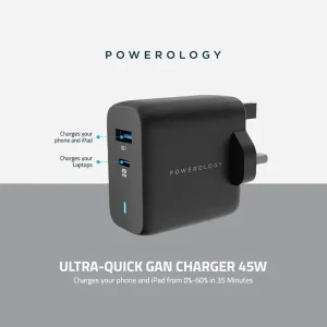 شارژر دیواری 45 وات دو پورت پاورولوجی مدل PWCUQC004 به همراه کابل تبدیل USB-C
