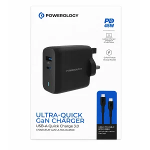 شارژر دیواری 45 وات دو پورت پاورولوجی مدل PWCUQC004 به همراه کابل تبدیل USB-C