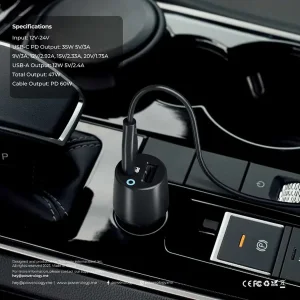شارژر فندکی 20 وات دو پورت پاورولوجی مدل PCCSR004 به همراه کابل تبدیل USB-C به لایتنینگ