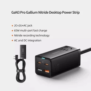 شارژر رومیزی 65 وات بیسوس مدل Powerstrip 65W به همراه کابل تبدیل USB-C