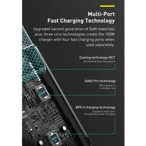 شارژر دیواری 100 وات 4 پورت بیسوس مدل GaN2 Pro به همراه کابل USB-C