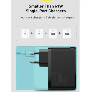 شارژر دیواری 100 وات 4 پورت بیسوس مدل GaN2 Pro به همراه کابل USB-C