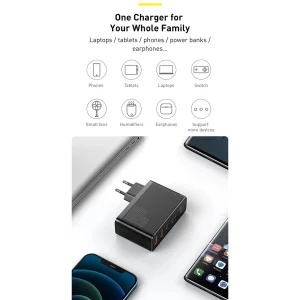 شارژر دیواری 100 وات 4 پورت بیسوس مدل GaN2 Pro به همراه کابل USB-C