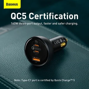 شارژر فندکی 160 وات باسئوس مدل TZCCZM-0G به همراه کابل USB-C