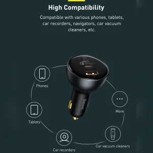 شارژر فندکی باسئوس مدل  CCZX-160CO 160W به همراه کابل تبدیل Usb-c