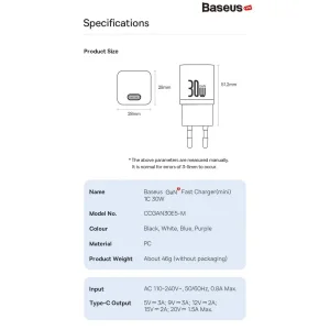 شارژر دیواری 30 وات بیسوس مدل GAN5 mini 30W به همراه کابل تبدیل USB-C