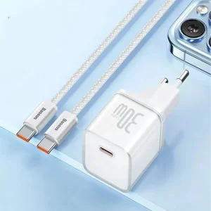 شارژر دیواری 30 وات بیسوس مدل GAN5 mini 30W به همراه کابل تبدیل USB-C