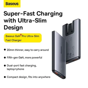 شارژر دیواری 65 وات بیسوس مدل GaN5 Pro Ultra-Slim به همراه کابل تبدیل USB-C